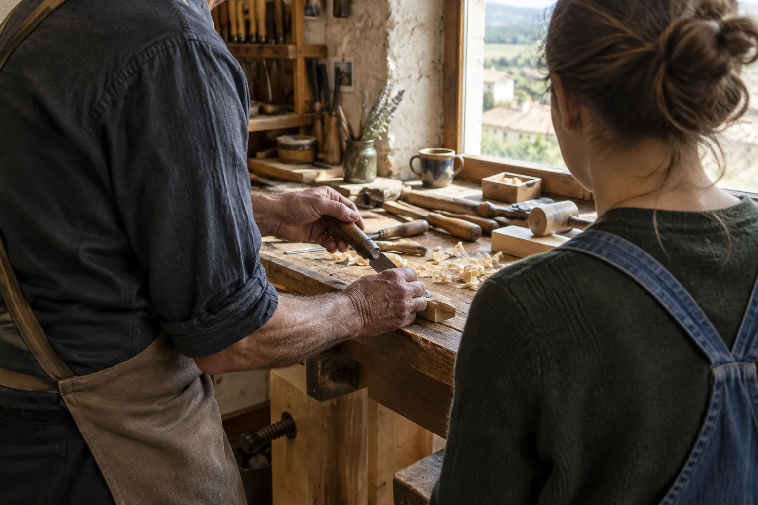 Un artisan montre un geste professionnel à un apprenti dans un atelier.