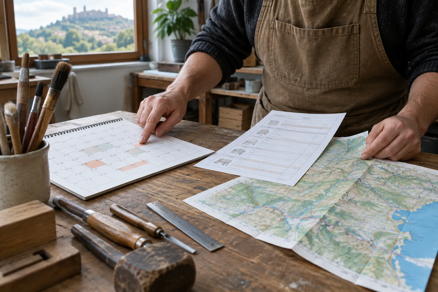 Des mains rapprochent un calendrier de travail et une carte de secteur dans un atelier artisanal.