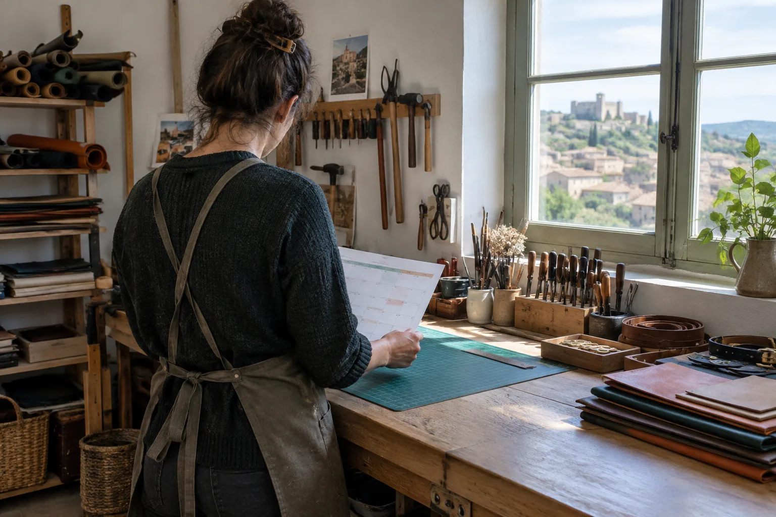 Un artisan consulte son calendrier de travail dans un atelier organisé.