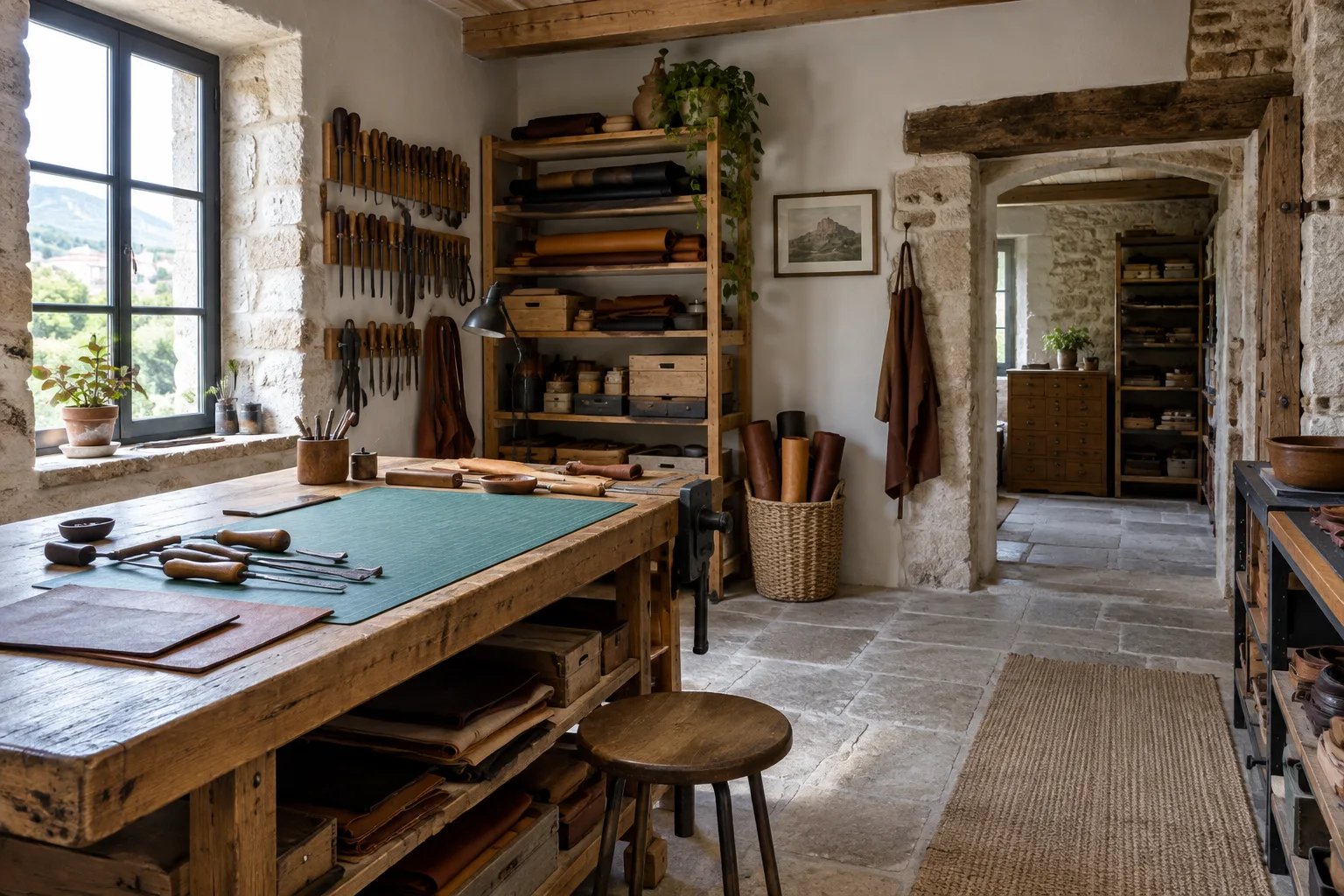 Atelier artisanal organisé avec un établi, des outils et des rangements.