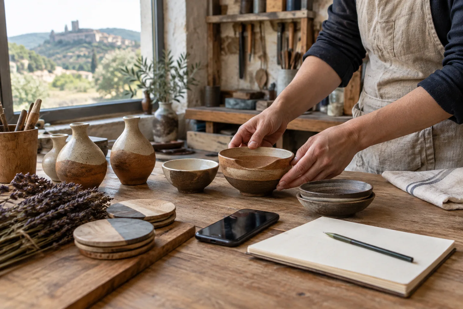 Un artisan prépare des réalisations dans son atelier, avec un téléphone posé sur l’établi.