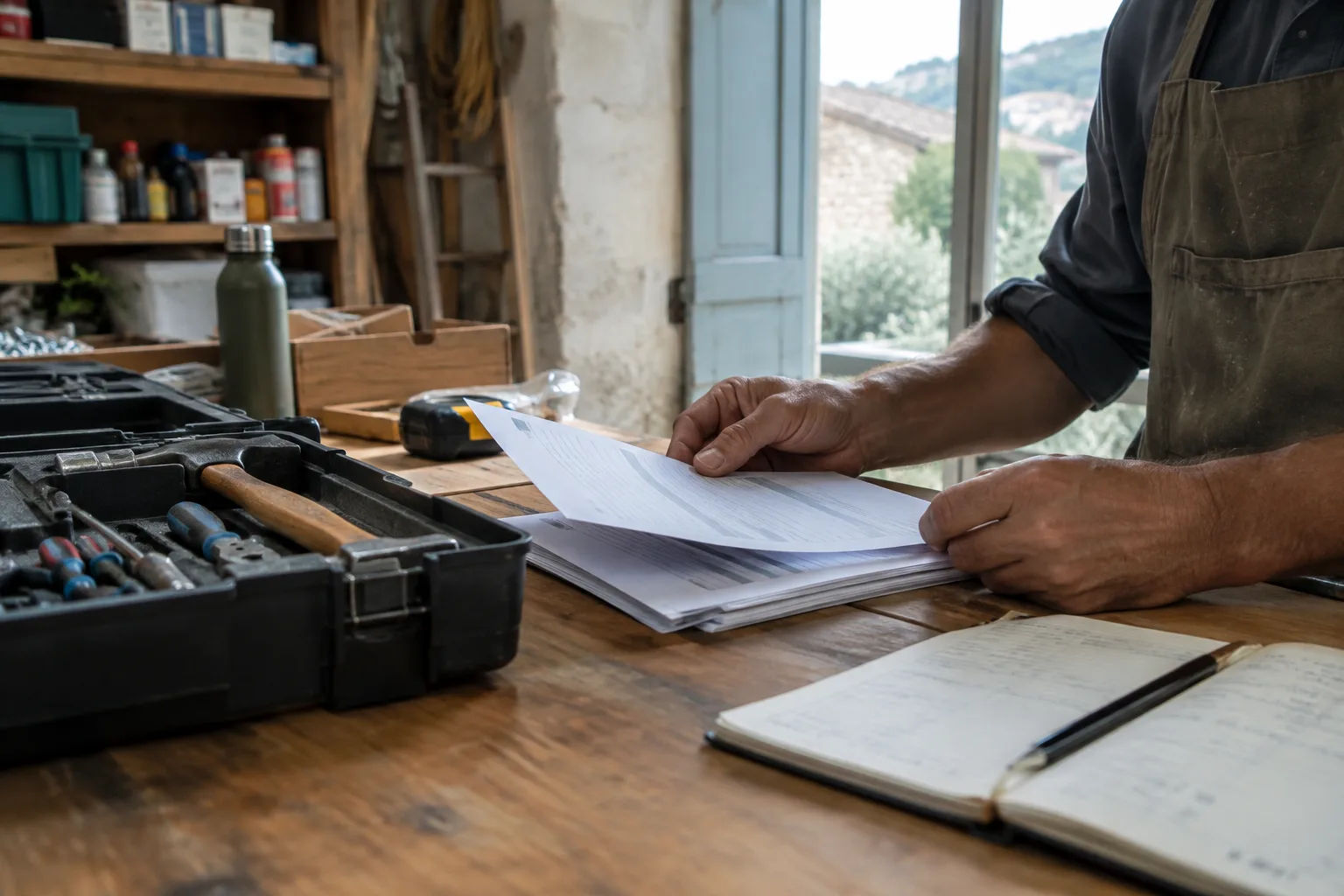 Des mains consultent des documents d’assurance à côté d’une mallette à outils dans un atelier artisanal.