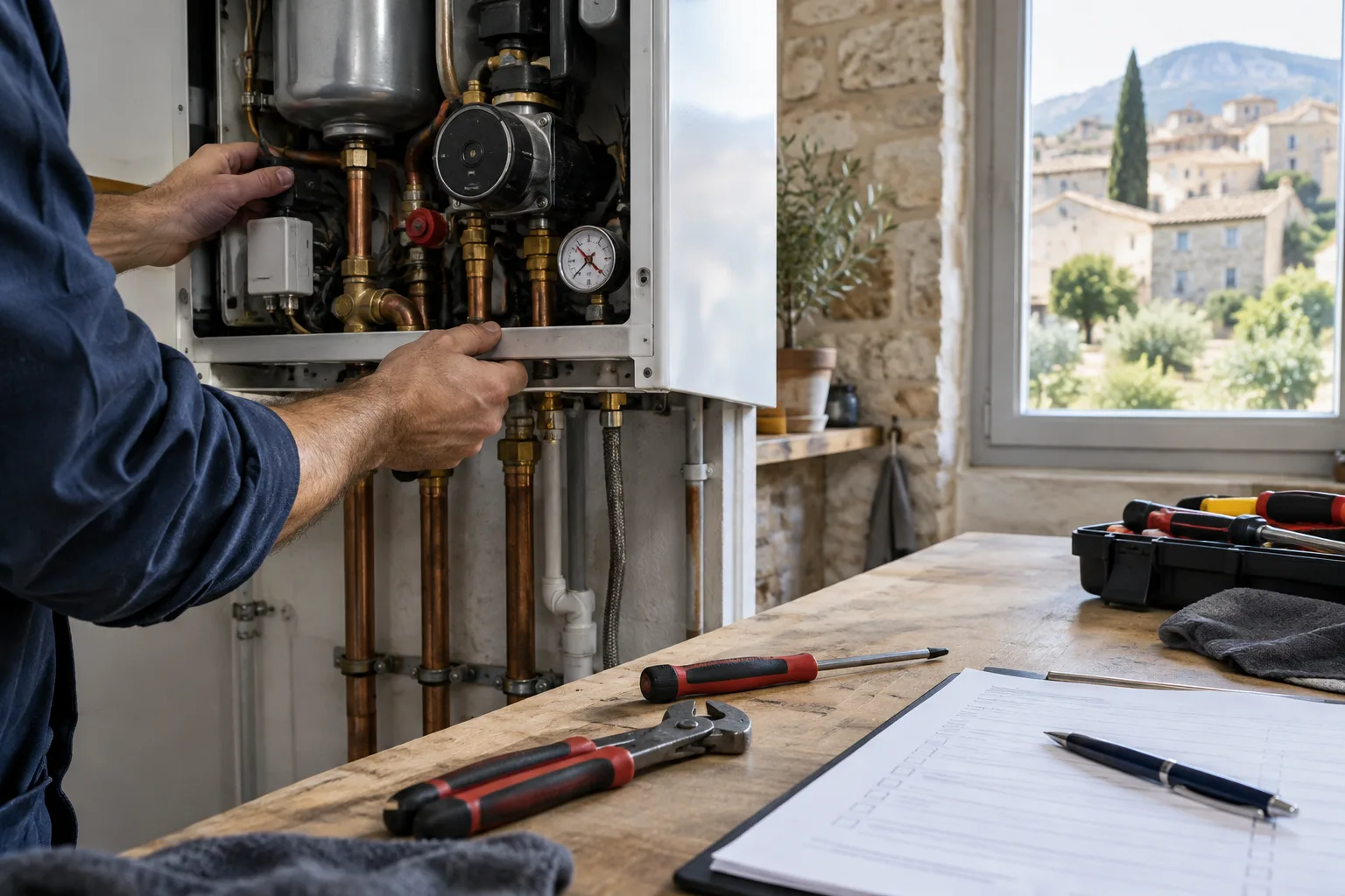 Les mains d’un artisan inspectent un équipement lors d’une visite d’entretien.