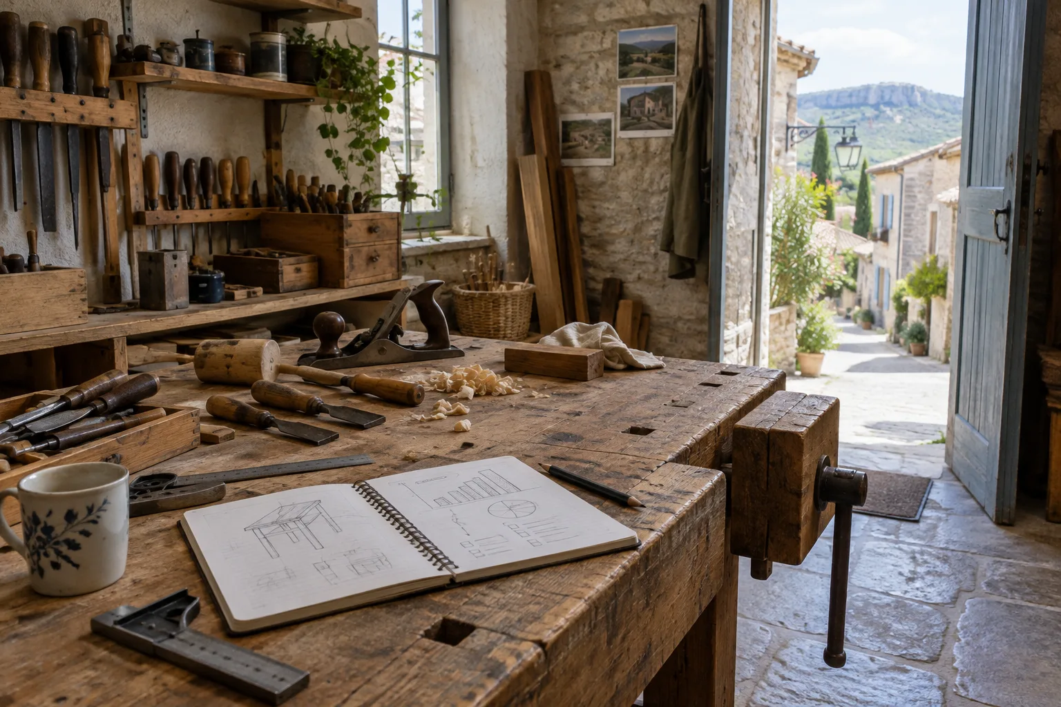 Établi d’un atelier artisanal avec des outils et un carnet de préparation de projet.