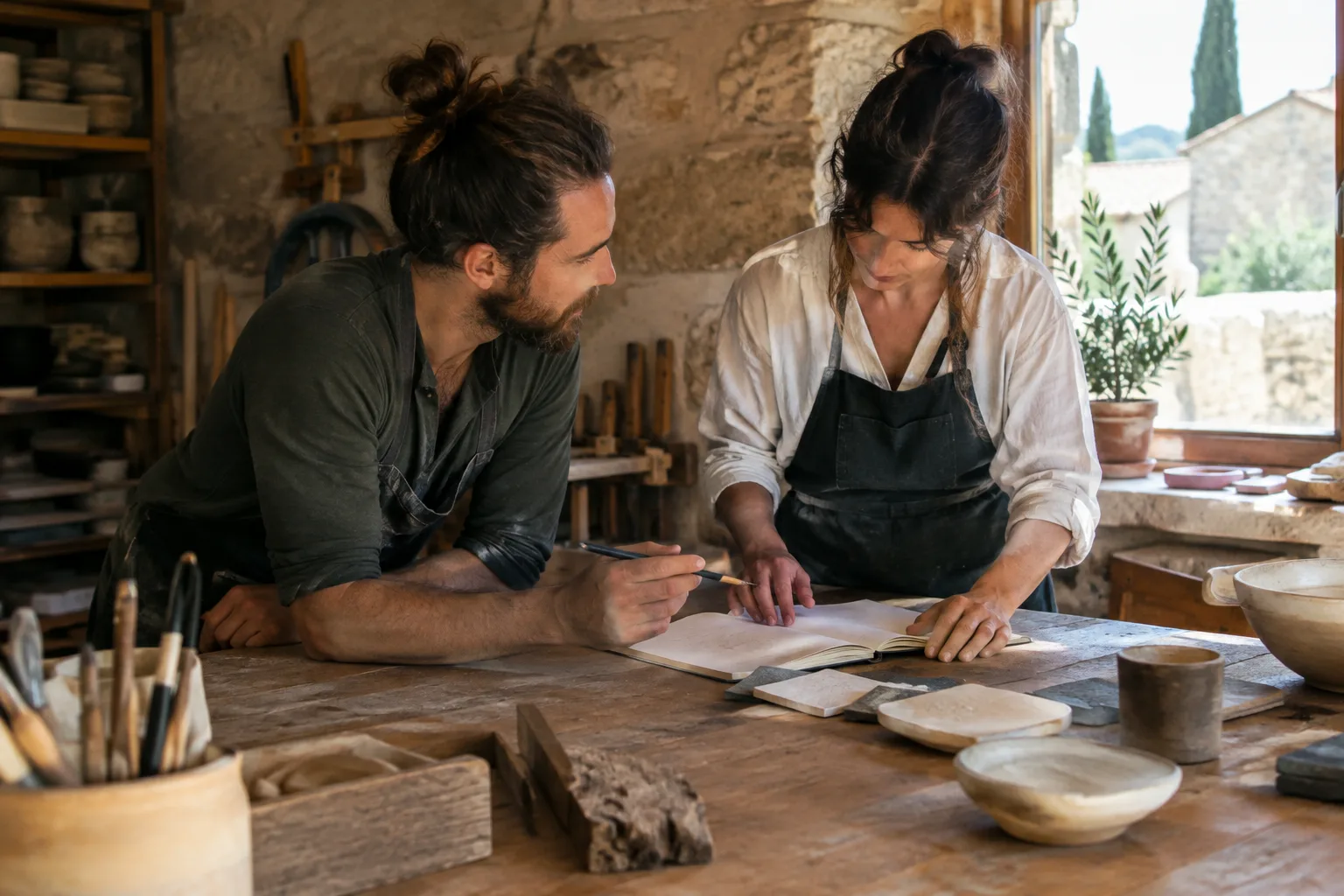 Deux associés échangent autour d’un carnet dans un atelier artisanal.