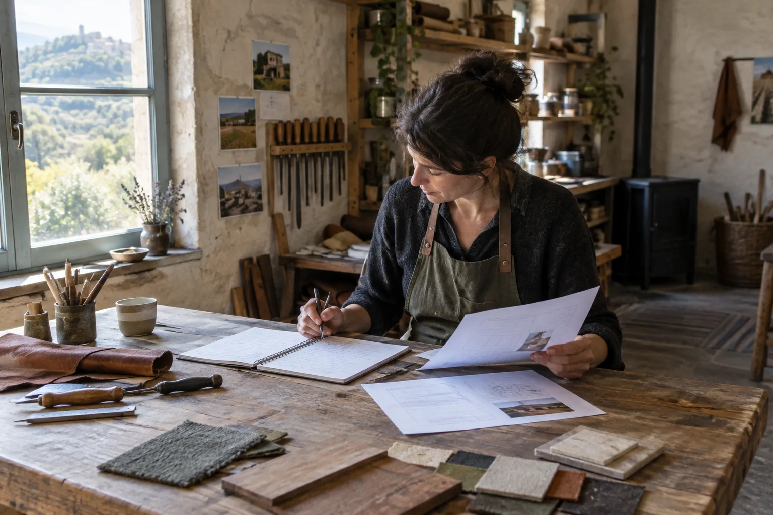 Un artisan prépare son projet d’entreprise à son établi, avec des documents et des outils de travail.