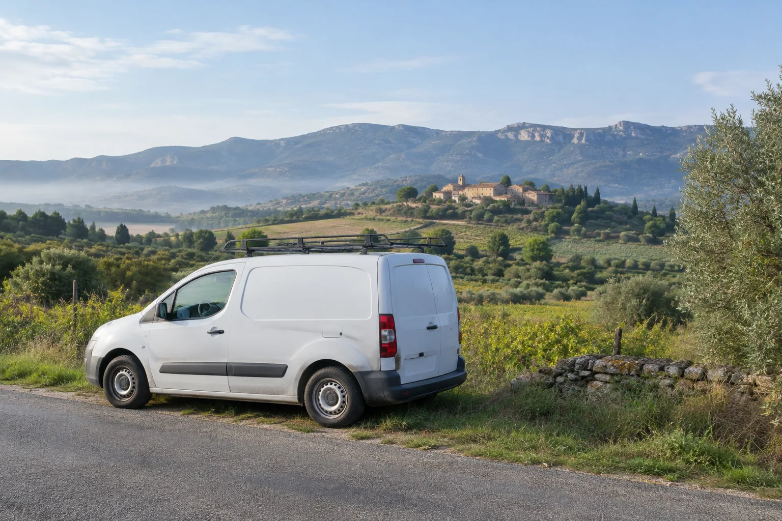 Véhicule utilitaire d’artisan stationné sur une route de campagne dans l’Aude.