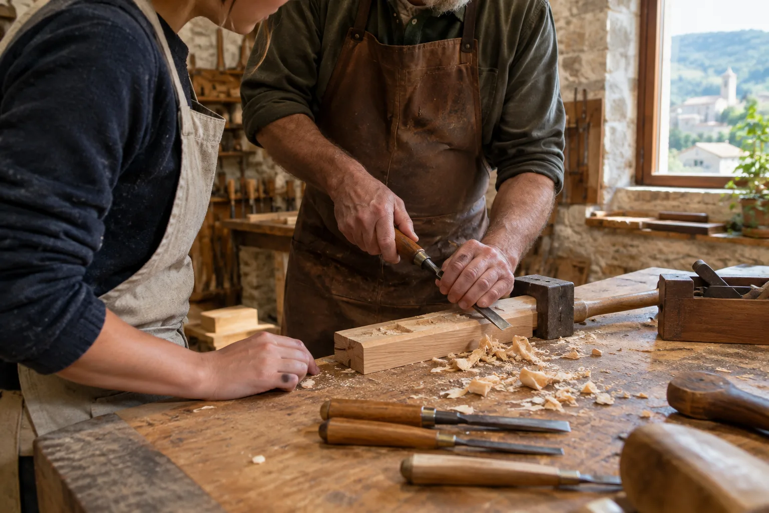 Un artisan présente un geste de travail à un collègue dans un atelier.