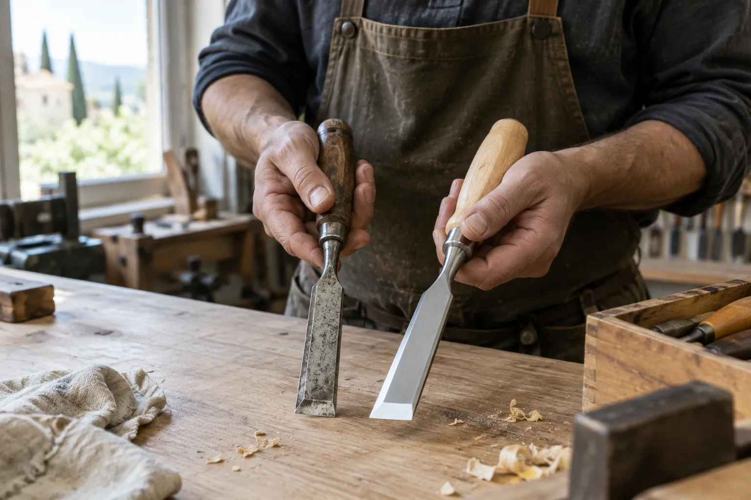 Des outils professionnels neufs et d’occasion posés sur un établi dans un atelier artisanal.