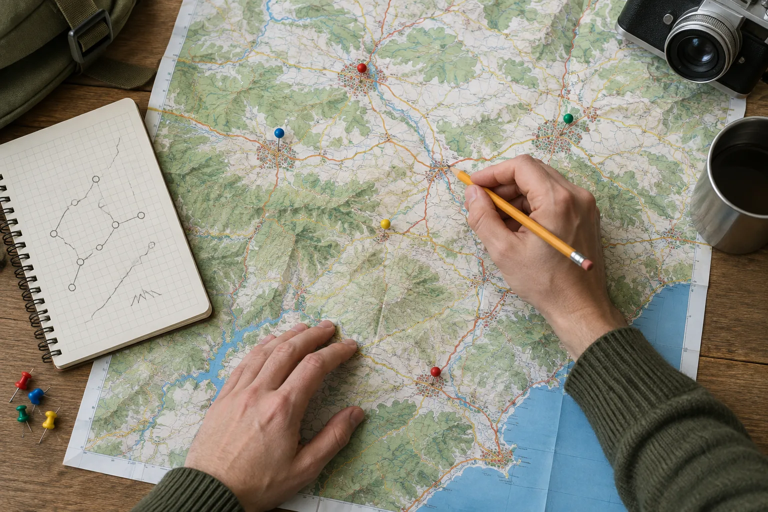 Des mains tracent des itinéraires sur une carte de communes rurales.