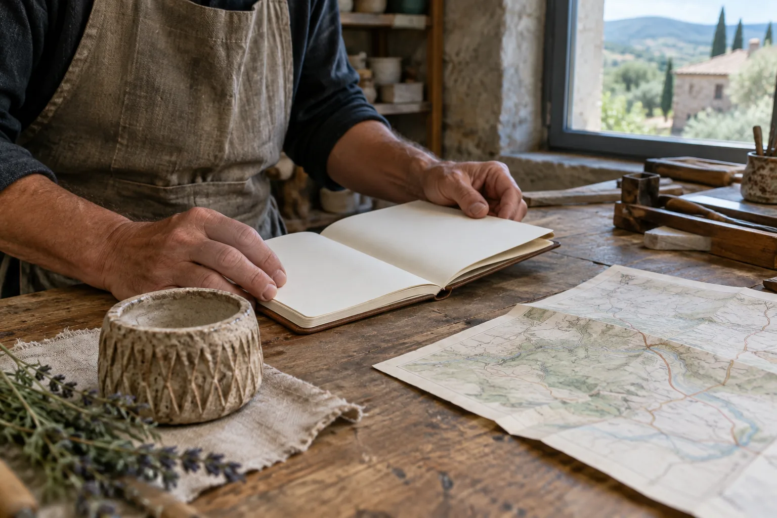 Des mains examinent une carte et un carnet sur une table d’atelier.
