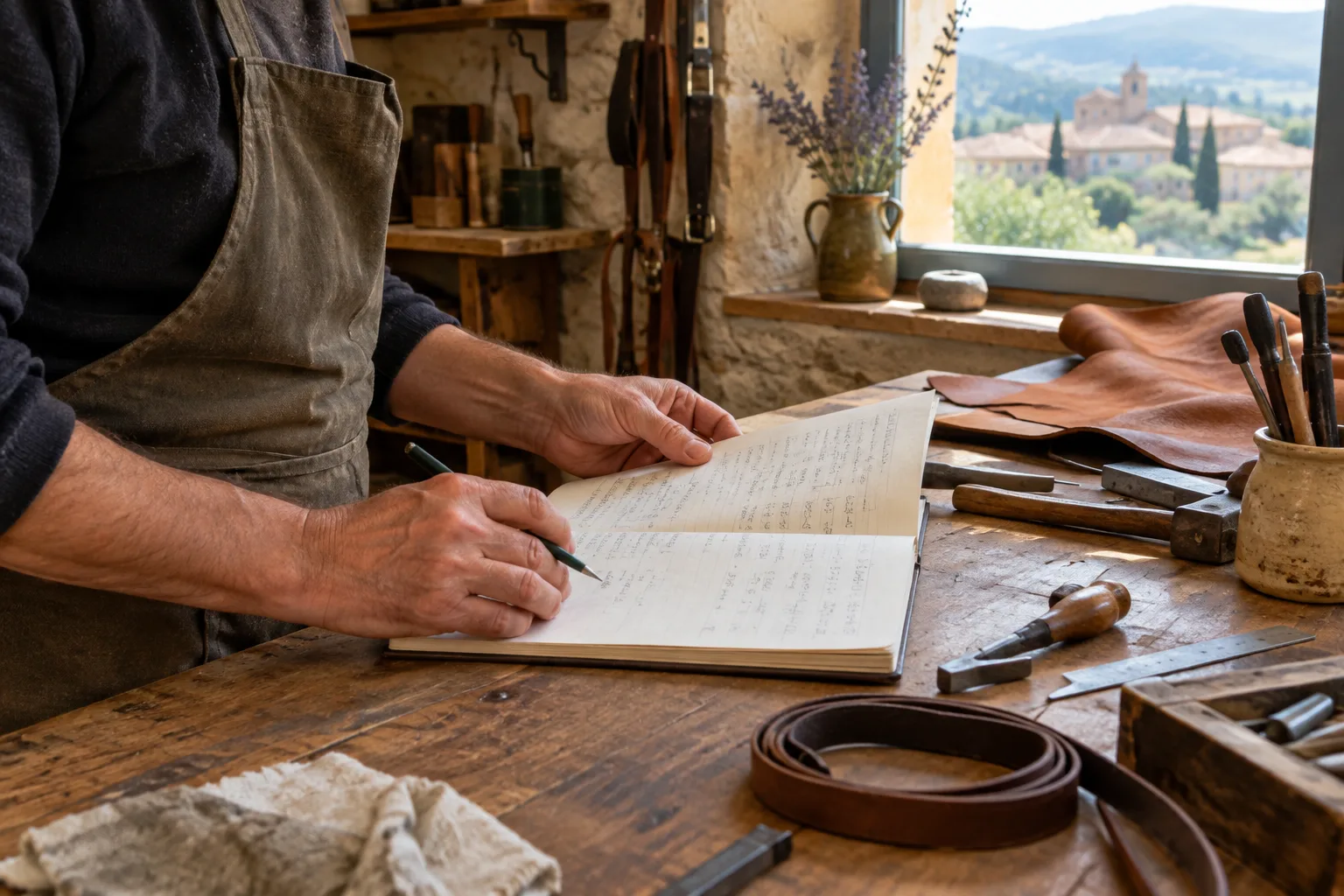 Mains d’un artisan étudiant ses coûts de production sur un établi dans un atelier.