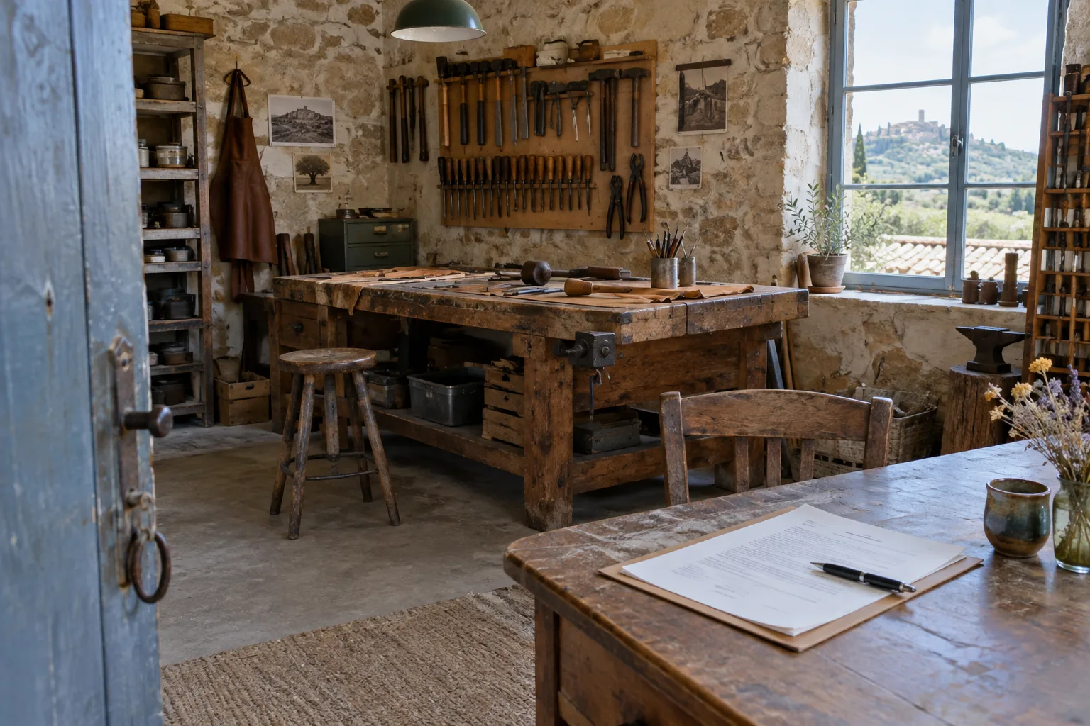 Vue d’un atelier artisanal avec un établi et un document de location posé sur une table.