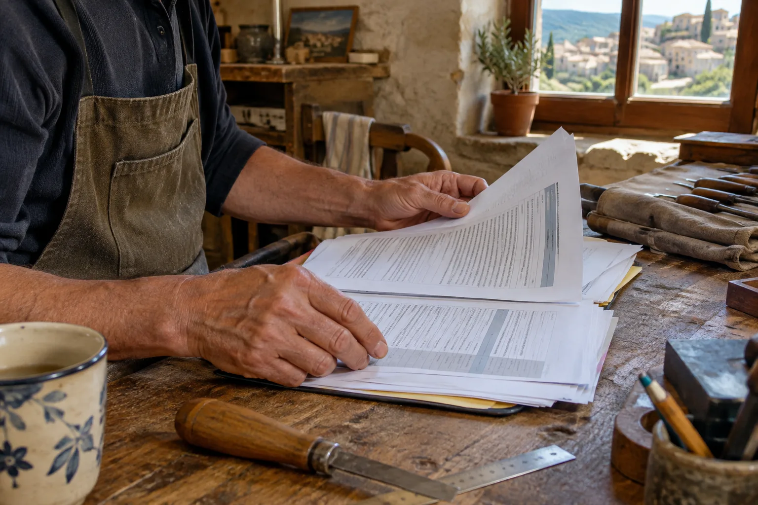 Mains d’un artisan consultant un dossier de marché public sur un établi.