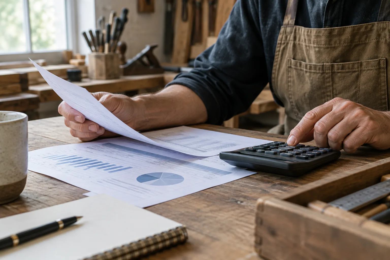 Un artisan examine un budget de projet près d’outils dans un atelier.