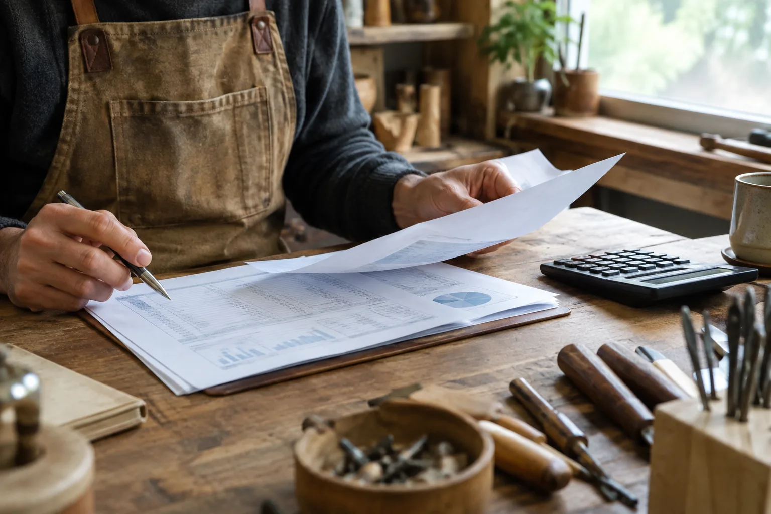 Documents de création et calculatrice posés sur l’établi d’un atelier artisanal.