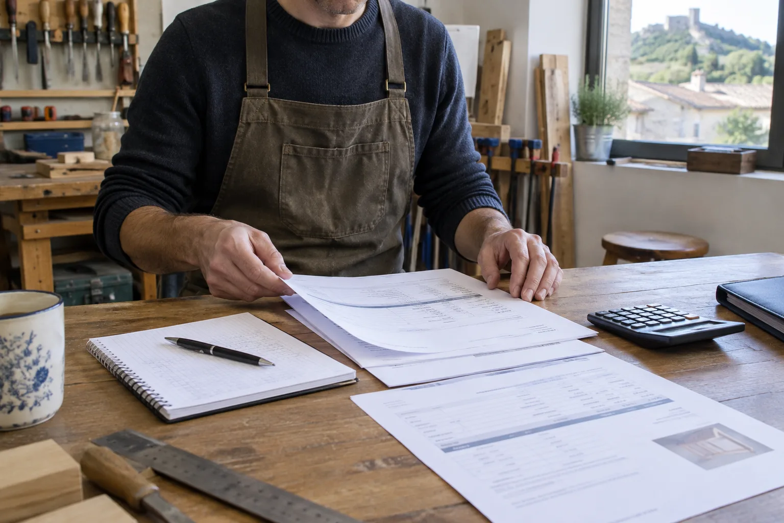 Documents de financement et carnet préparés sur un établi avant un rendez-vous bancaire.