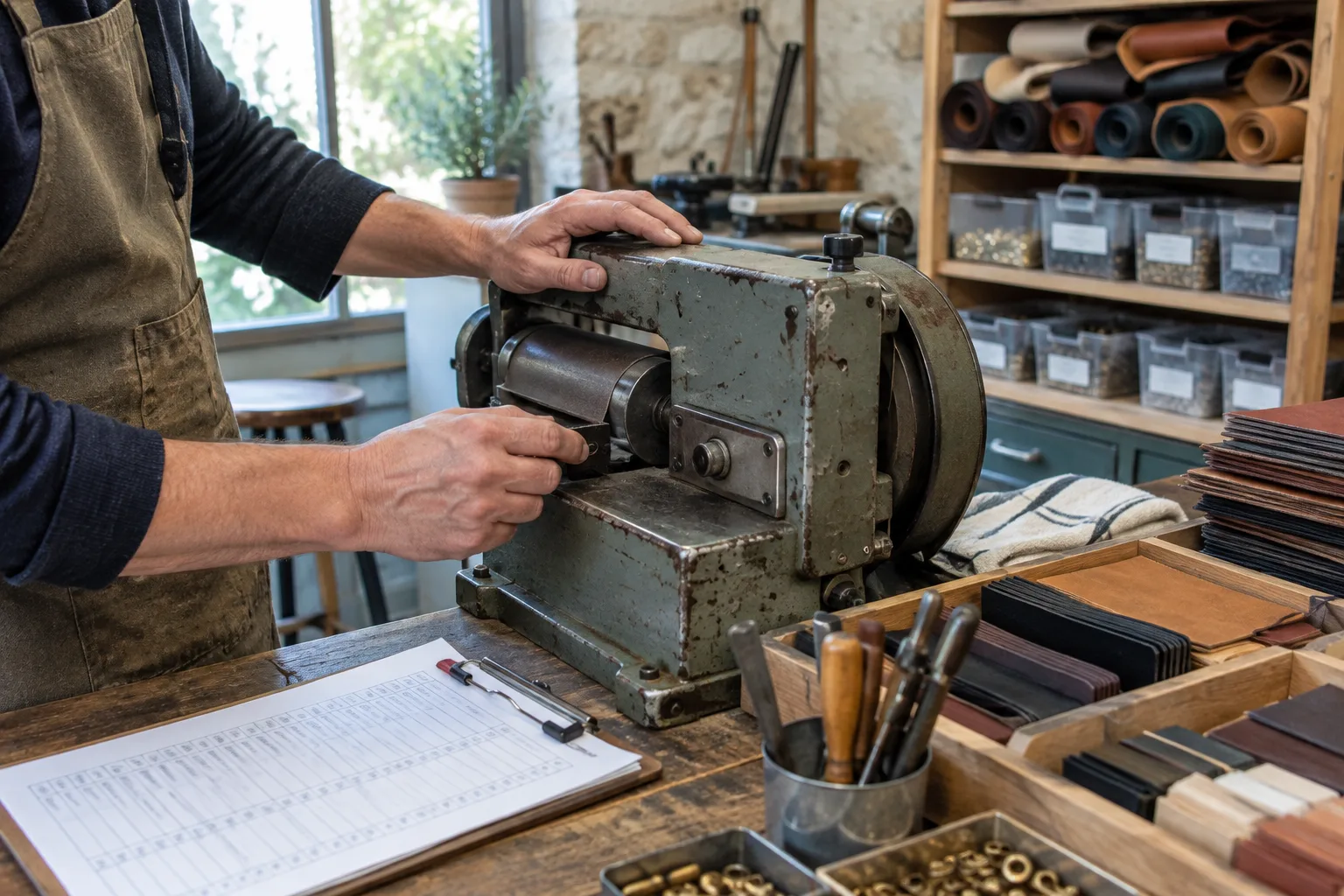 Des mains vérifient une machine d’atelier à côté d’une fiche d’inventaire.