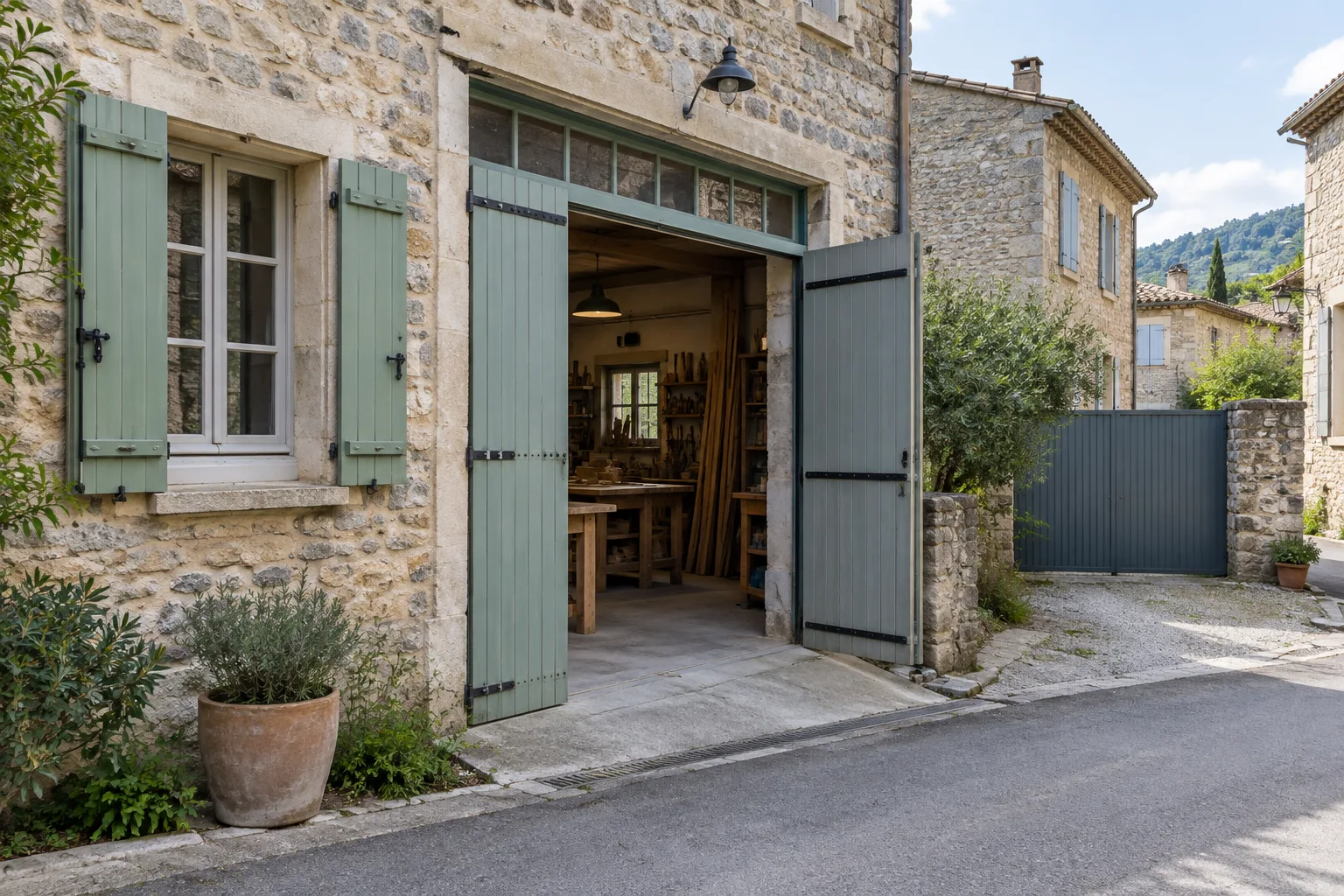 Entrée d’un atelier artisanal dans une rue de village de l’Aude.