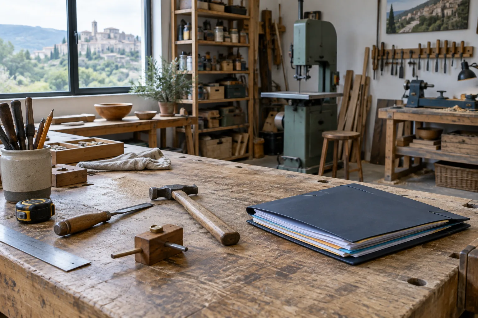 Un établi et des outils dans un atelier artisanal, avec un dossier de documents posé à proximité.