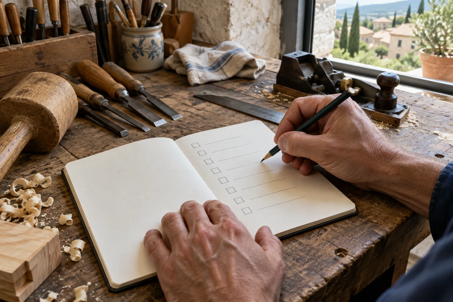 Mains préparant une liste de compétences dans un carnet, à côté d’outils d’atelier.