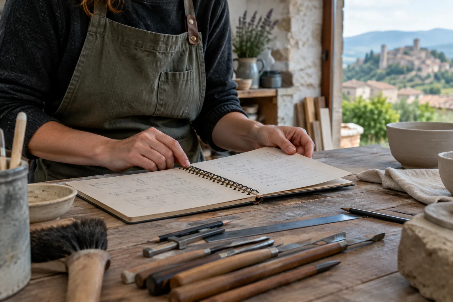 Carnet de préparation et outils posés sur l’établi d’un atelier artisanal.