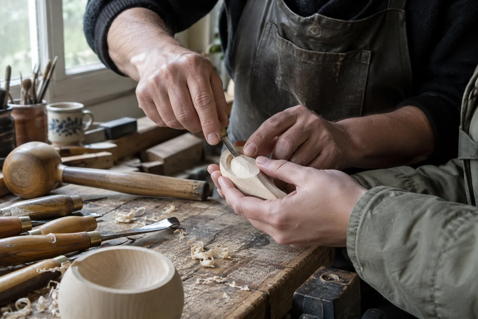 Des mains montrent un geste technique dans un atelier artisanal.