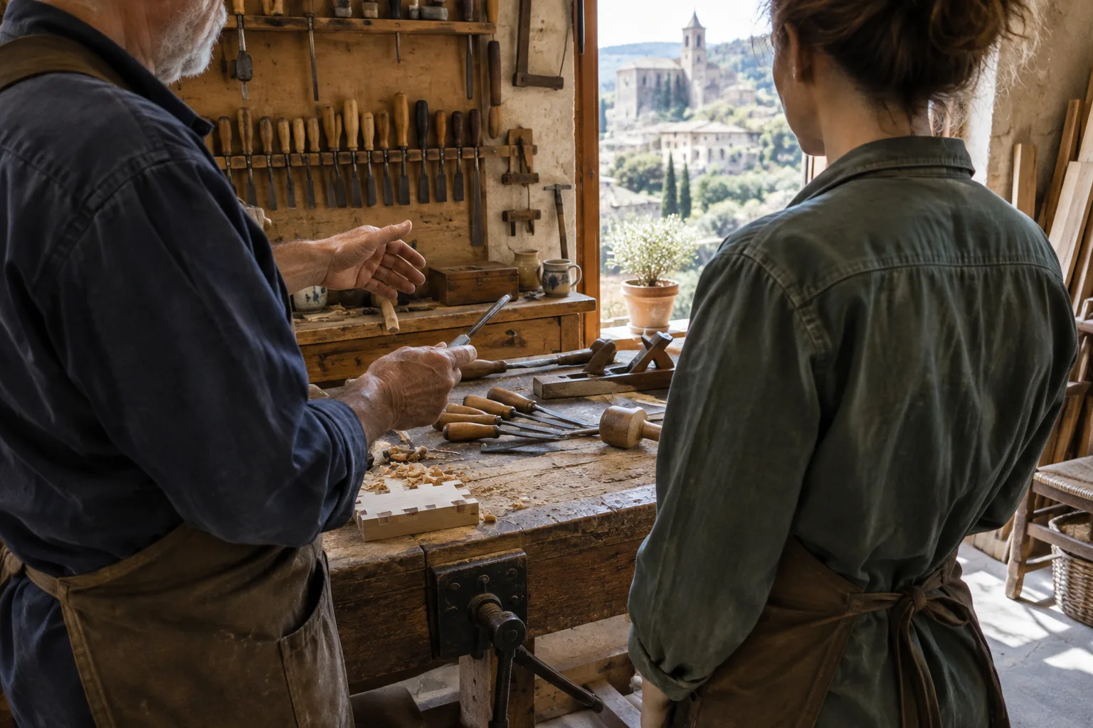 Un artisan présente son atelier et ses outils à une personne qui pourrait reprendre l’activité.