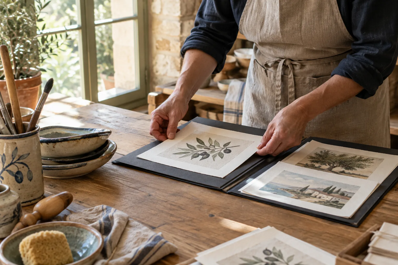 Mains d’un artisan préparant des exemples de réalisations dans son atelier.